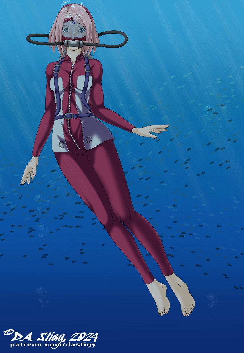 1girls 5_toes barefoot boruto:_naruto_next_generations dastigy diving_suit feet female female_only female_solo green_eyes jewel_on_forehead milf naruto naruto_(series) pink_hair sakura_haruno scuba scuba_gear scuba_mask scuba_tank soles solo solo_female solo_only toes underwater