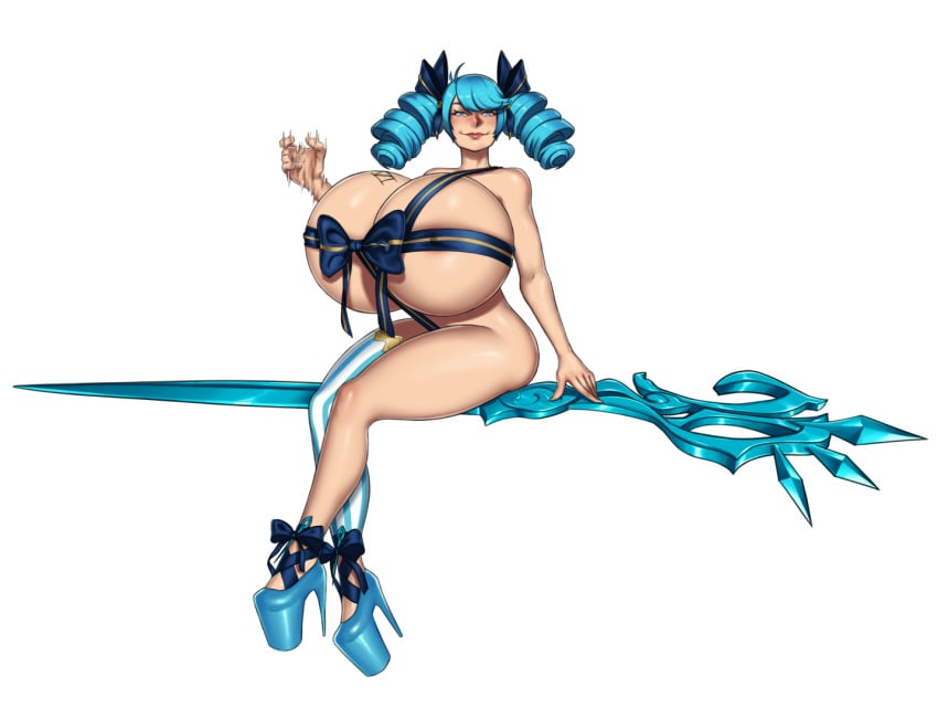 1girls areolae big_breasts bimbo bimbo_body bimbofication blue_eyes blue_hair blush bows breast_implants fake_breasts female female_only floating gigantic_breasts gwen_(league_of_legends) high_heels hovering huge_breasts large_breasts league_of_legends looking_at_viewer massive_breasts masturbation_gesture mootium nipples pinup pinup_pose platform_heels posing ribbon ribbon_bondage ribbon_in_hair ribboned_body ribbons riot_games scissors silicone_implants simple_background sitting sitting_on_object smiling solo stockings tattoo teasing thick_thighs twintails white_background