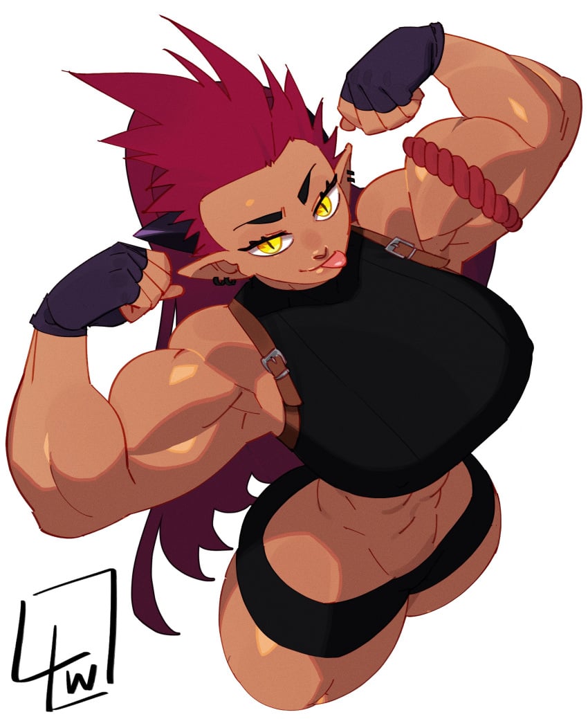 1girls :p ali_(sotcho) big_breasts female female_only fingerless_gloves flexing flexing_bicep hi_res l4wless long_hair looking_at_viewer minishorts muscles muscular muscular_female pointy_ears red_hair slit_pupils smiling smiling_at_viewer solo topwear very_high_resolution viewed_from_above white_background yellow_eyes