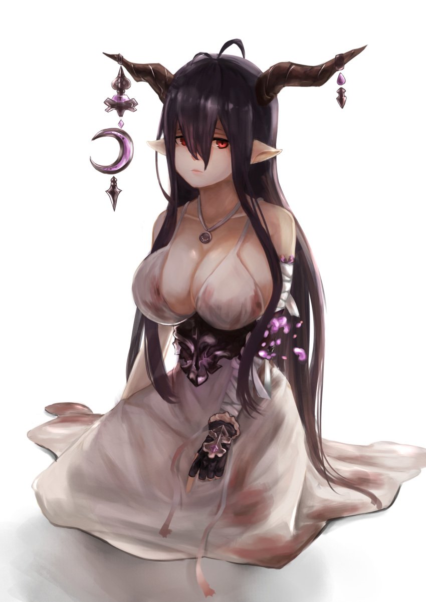 antenna_hair bandaged_arm bandages bare_shoulders black_hair blood blood_on_clothes blood_on_dress breasts cleavage crescent danua draph dress female fingerless_gloves gloves granblue_fantasy hair_between_eyes highres horn_ornament horns jewelry large_breasts long_dress long_hair necklace pointy_ears red_eyes sayuumigi sitting sleeveless sleeveless_dress solo white_background white_dress