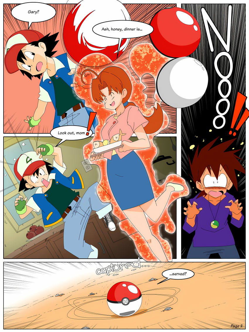 1girls 2boys botbot captured_girl cheating_mother cheating_wife comic comic_page delia_ketchum_(pokemon) english_text female gary_oak ginger_hair hanako_(pokemon) high_res housewife mature_female mature_woman milf mother ookido_shigeru page_2 pokeball pokemon pokemon_(series) satoshi_(pokemon) smiley_face smiling spread_legs spying surprised_expression text text_bubble worried_expression