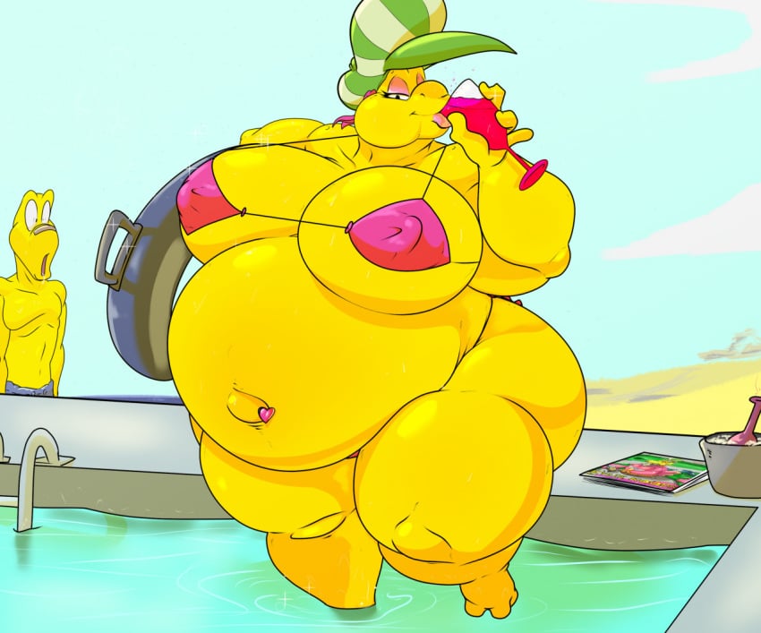 2022 3_toes 4_fingers anthro belly big_belly big_breasts bikini bikini_bottom bikini_top bottle breasts clothing container drinking duo feet female fingers front_view hat headgear headwear heart_symbol holding_glass holding_object holding_tube ice_bucket inflatable inner_tube koopa koopa_troopa koops kylie_koopa ladder looking_at_viewer magazine male mario_(series) mario_and_luigi_(series) narrowed_eyes navel navel_piercing nintendo obese obese_anthro obese_female open_mouth outie_navel outside overweight overweight_anthro overweight_female paper_mario piercing pink_bikini pink_clothing pink_swimwear poolside scalie shinysteel swimming_pool swimming_trunks swimwear thick_thighs toes water wide_eyed wide_hips