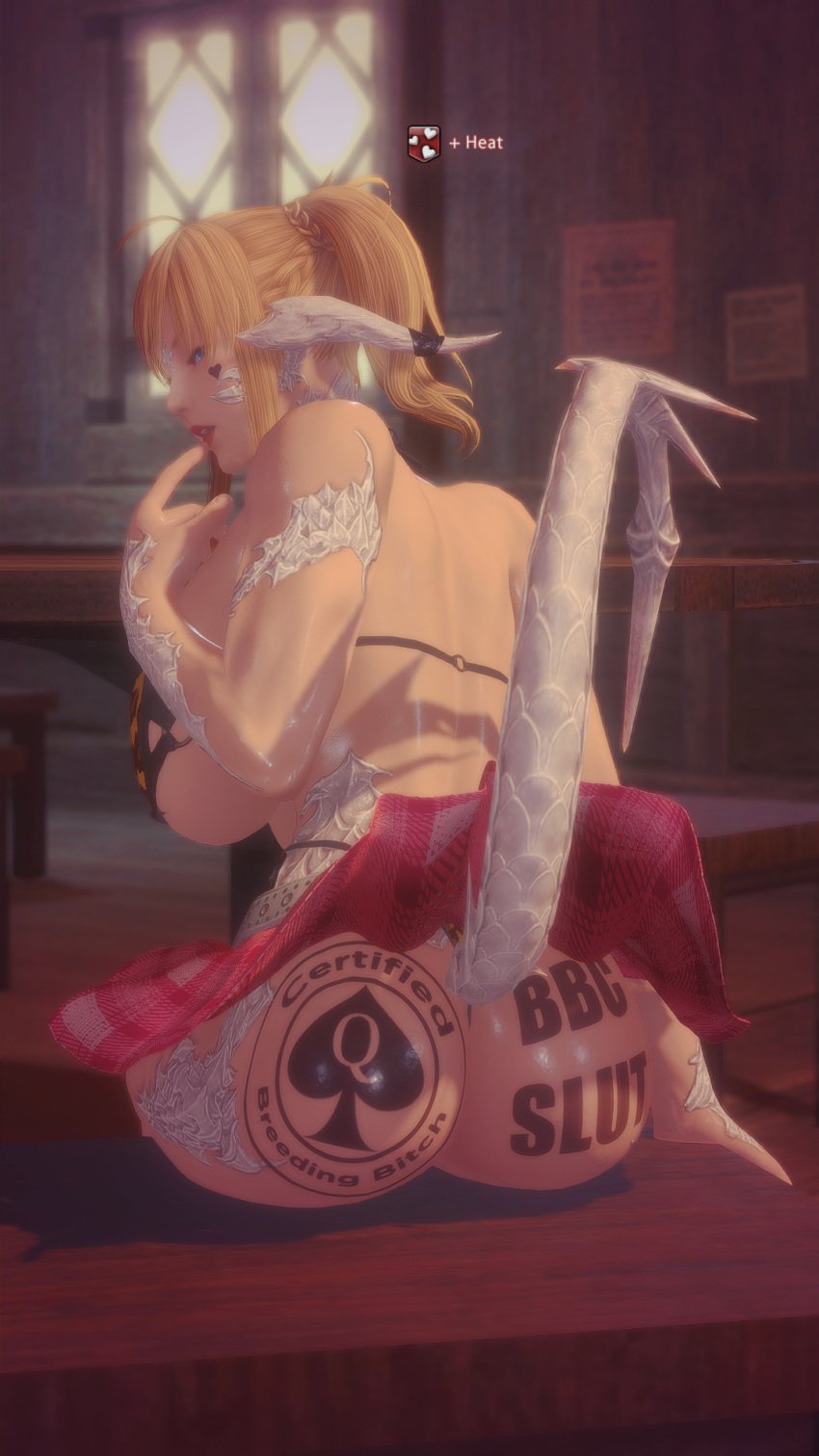 1girls 3d animal_print au_ra bikini_top blonde_hair blue_eyes branded branding_mark degrading_tattoo final_fantasy_xiv gyaru horn in_heat inviting inviting_to_sex inviting_viewer large_breasts leopard_print looking_at_viewer looking_back queen_of_spades queen_of_spades_symbol scales skimpy skirt skirt_lift slut slutty_outfit tail tail_raised tattoo tattoo_on_butt tattoo_on_face writing_on_ass