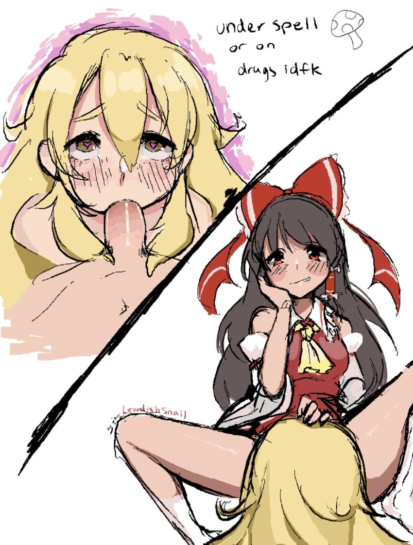 1futa 1girls big_penis black_hair blonde_female blonde_hair breast english_commentary english_text fellatio female futa_on_female hair hypnosis lewdishsnail light-skinned_female light-skinned_futanari light_skin marisa_kirisame reimu_hakurei sucking sucking_penis touhou