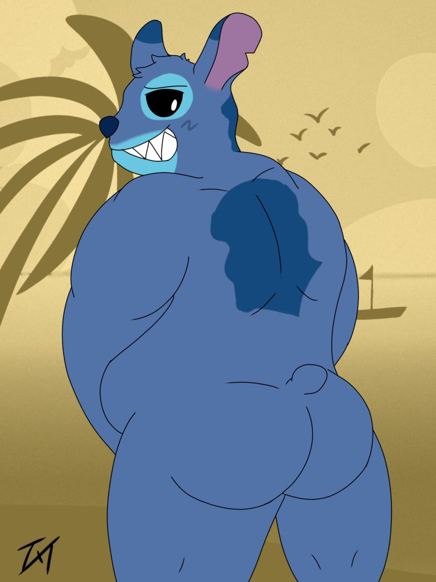 3:4 alien anthro ass disney experiment_(lilo_and_stitch) hi_res himbo_stitch lilo_and_stitch long_ears male male_only muscular muscular_male notched_ear nude presenting rear_view small_tail solo stitch_(lilo_and_stitch) tail thighs tokerutrash tuft