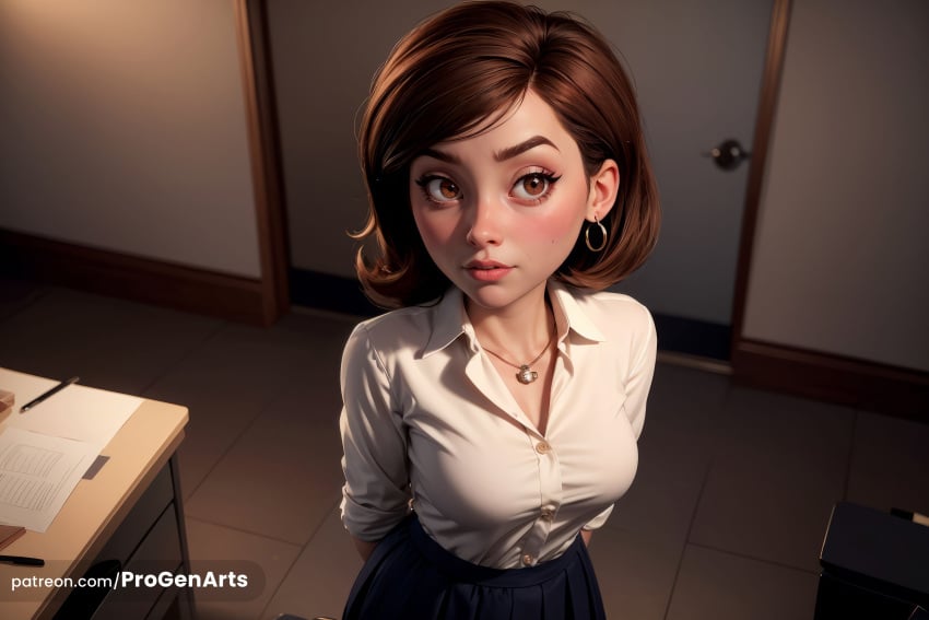 1girls ai_generated arms_behind_back artist_name blue_skirt blush breasts brown_eyes brown_hair cleavage collarbone collared_shirt disney earrings elastigirl freckles helen_parr hi_res hoop_earrings indoors jewelry lips looking_at_viewer medium_breasts mole necklace nose patreon_username pen pixar pleated_skirt progenarts school_uniform shirt short_hair skirt solo superhero superheroine swept_bangs the_incredibles the_incredibles_2 watermark web_address white_shirt