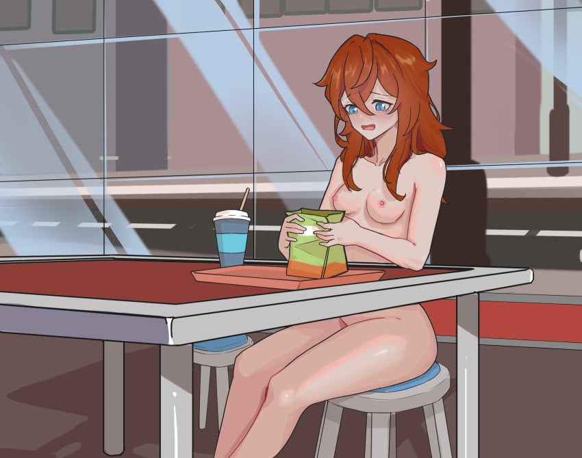 blue_eyes completely_nude duskcraft embarrassed exhibitionism highres nipples nude nudist original outdoors public_indecency public_nudity red_hair restaurant shy sitting