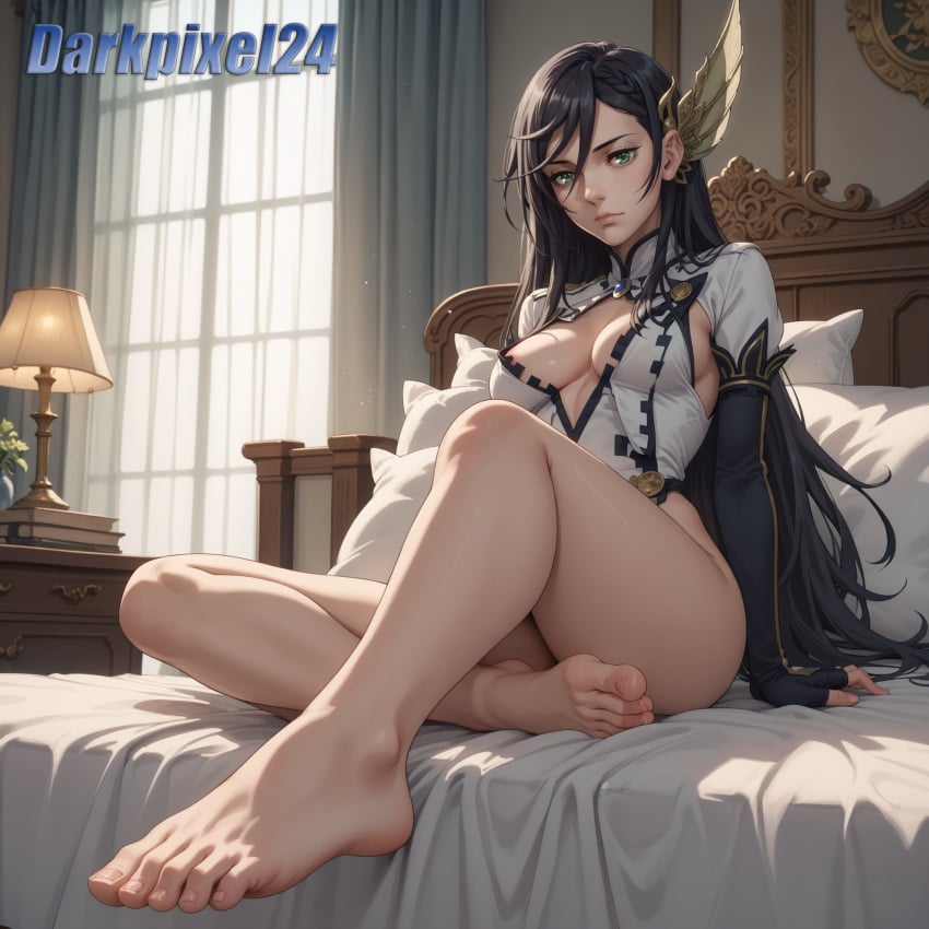 1girls ai_assisted ai_generated bare_legs bare_thighs barefoot black_hair blue_eyes blush breasts brunhild_(shuumatsu_no_valkyrie) darkpixel24 eye_contact feet feet_focus female foot_fetish gloves long_hair looking_at_viewer record_of_ragnarok seductive seductive_look shuumatsu_no_valkyrie soles solo thick_thighs thighhighs toes white_background wide_hips