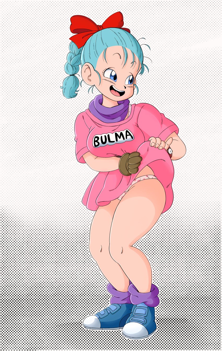 big_ass big_breasts big_butt big_eyes blue_eyes blue_hair bra bulma_(dragon_ball) bulma_briefs dragon_ball dragon_ball_(classic) eyelashes female female_focus female_only gloves halftone headband lifting_skirt neckwear open_mouth panties pink polka_dot polka_dot_panties simple_background slimray thick thick_hips thick_thighs tied_hair