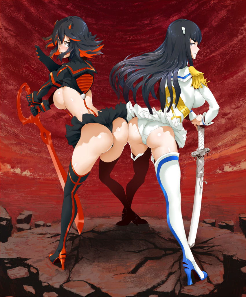 2girls armor ass bakuzan black_hair blue_eyes blush boots breasts butt_press catfight dat_ass female female_only garter_straps high_heel_boots high_heels highlights hourglass_figure junketsu katana kill_la_kill kiryuuin_satsuki long_hair matoi_ryuuko panties scissor_blade senketsu sexfight sideboob sisters skirt skirt_lift suspenders sword thigh_boots thighhighs thong two_tone_hair weapon y_(artist)