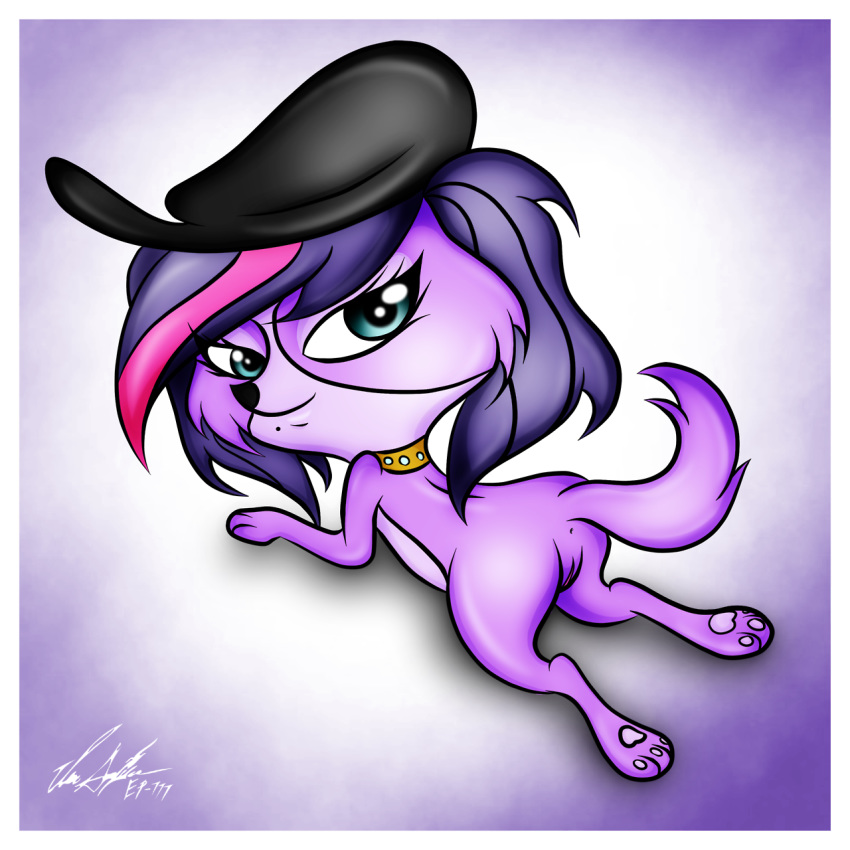 2013 beret blue_eyes canine canine collar ep777 female hair hat littlest_pet_shop looking_at_viewer looking_back purple_fur purple_hair pussy smile solo two_tone_hair zoe_trent