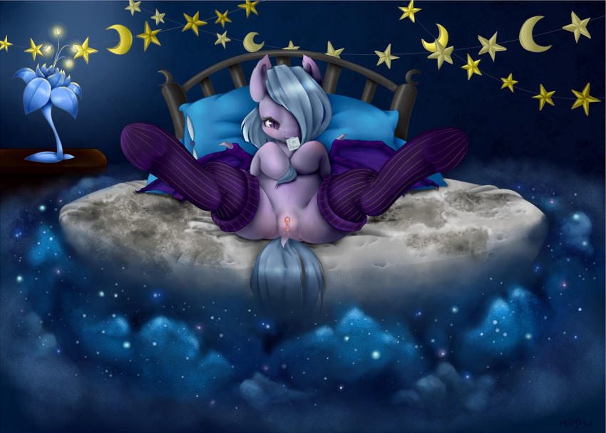 2013 anus bed blush condom cynicalmoose equine female hair_over_eye horse inviting mouth_hold my_little_pony original_character pegasus pillow pony pussy spread_legs spreading stockings wings