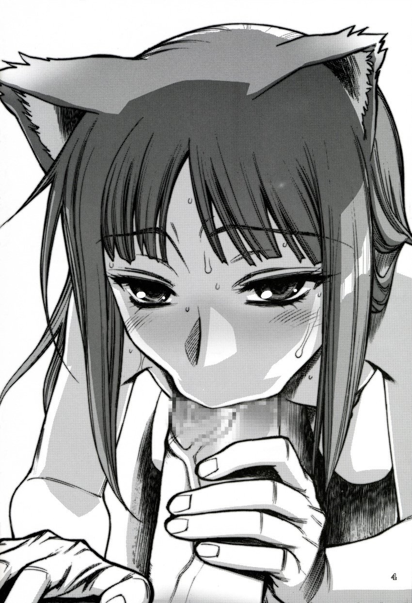 :>= animal_ears blush censored fellatio female fingernails fingers hair high_resolution holo long_hair looking_at_viewer minazuki_juuzou monochrome nicomark nude oral penis simple_background solo_focus spice_and_wolf sweat veins veiny_penis wolf_ears