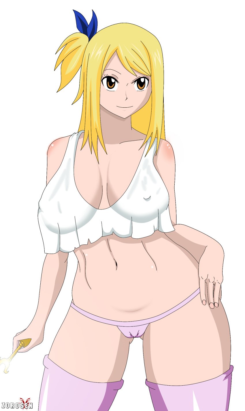 cameltoe erect_nipples fairy_tail female female_only human lucy_heartfilia panties pink_panties pink_socks socks solo stockings thigh_socks thighhighs zorosen