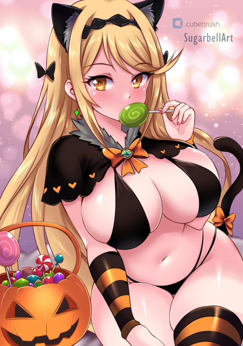 1girls absurd_res alternate_costume blonde_hair blush blush breasts busty candy cat_ears cat_tail core_crystal curvy earrings female female_only halloween highres holding_lollipop hourglass_figure large_breasts lollipop long_hair looking_at_viewer midriff monolith_soft mythra navel nintendo pumpkin sitting stockings striped_clothing striped_legwear striped_thighhighs sugarbell thick_thighs thighhighs thighs very_long_hair voluptuous xenoblade_(series) xenoblade_chronicles_2 yellow_eyes