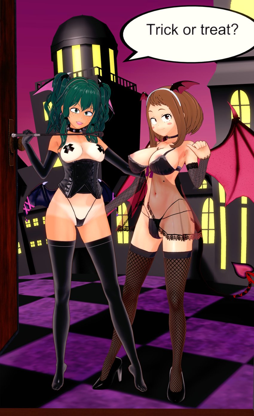 3d eight69 female_deku fishnets futanari halloween high_heels my_hero_academia ochako_uraraka succubus