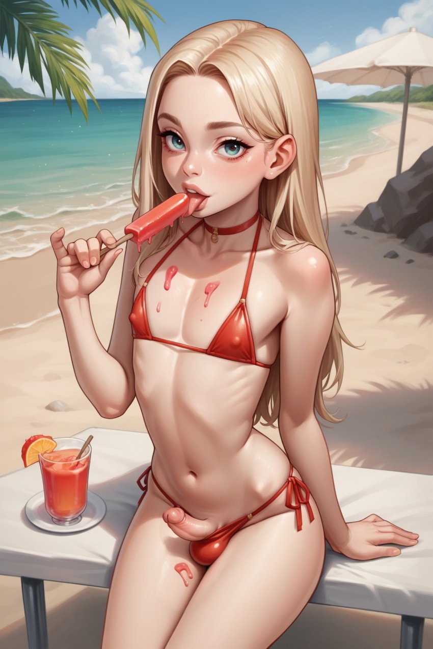 1boy ai_generated beach bikini blonde_hair blonde_hair blue_eyes choker dripping_ice_cream erect_penis femboy feminine_male ice_cream licking licking_ice_cream long_hair looking_at_viewer makeup ocean penis penis_out penis_out_of_bikini penis_out_of_underwear popsicle portrait sand sitting small_penis solo solo_femboy solo_focus stable_diffusion swimwear tongue tongue_out waves