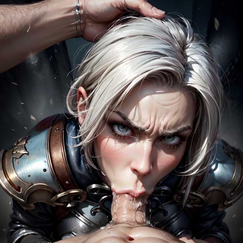 1girls adepta_sororitas ai_generated angry angry_face arbitrary armor blue_eyes deepthroat female female_focus forced_oral hand_on_head hi_res looking_at_viewer penis_in_mouth pov realistic short_hair stable_diffusion warhammer_(franchise) warhammer_40k white_hair