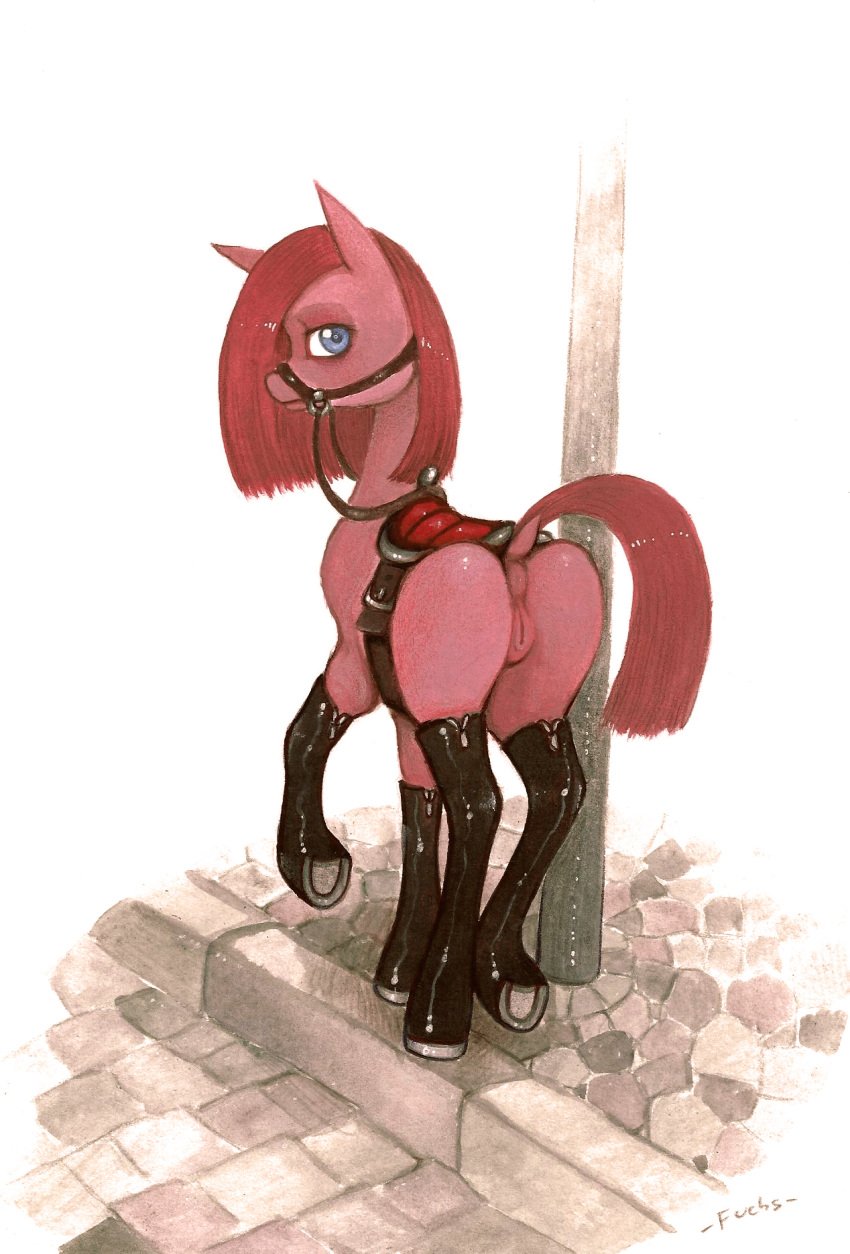 2013 anus bit_gag blue_eyes boots bridle equine female feral friendship_is_magic fuchs gag hair hooves horse horseshoe looking_at_viewer my_little_pony pink_fur pink_hair pinkie_pie_(mlp) plain_background pony pussy saddle simple_background solo