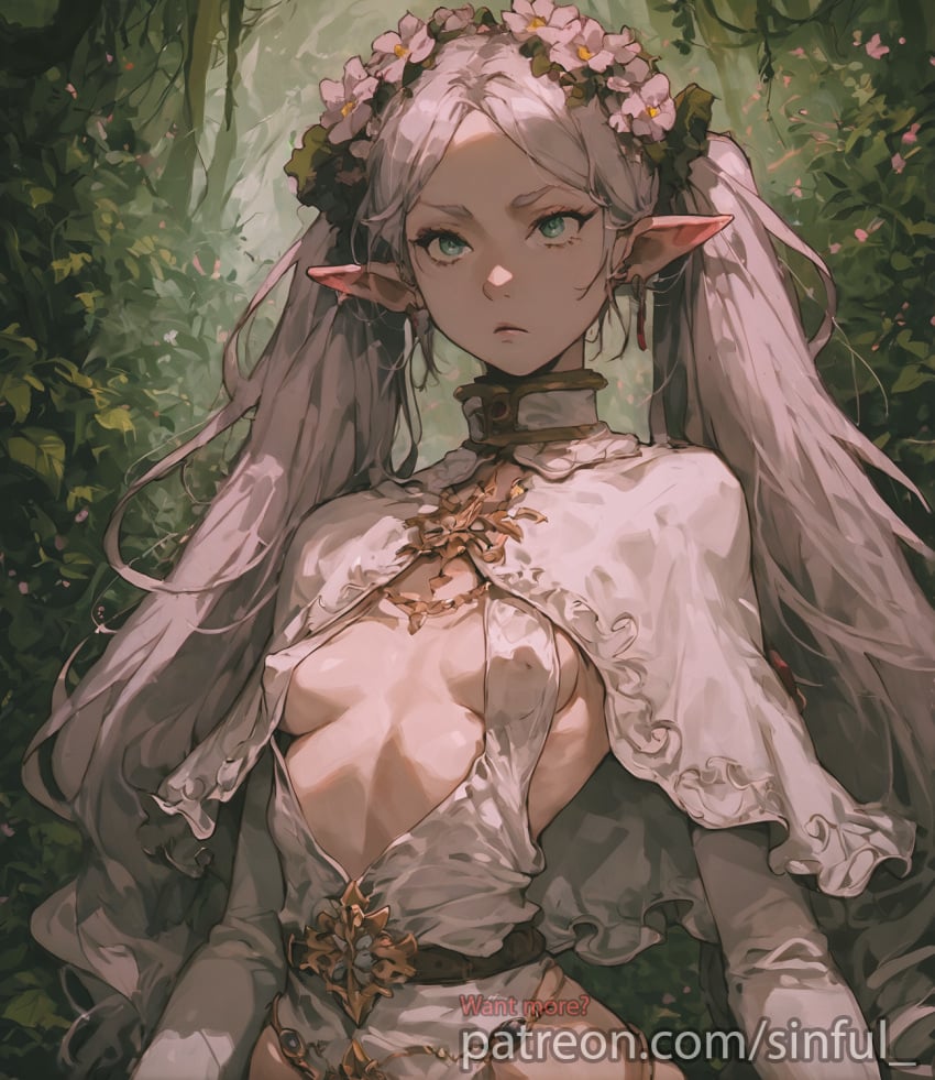 ai_generated aisinful belt blue_eyes capelet cowboy_shot crown dress elf elf_ears flower flower_crown flower_in_hair forest frieren jewelry long_hair patreon petite revealing_clothes serious sideboob slim slim_girl slim_waist small_breasts tree twintails white_dress white_hair