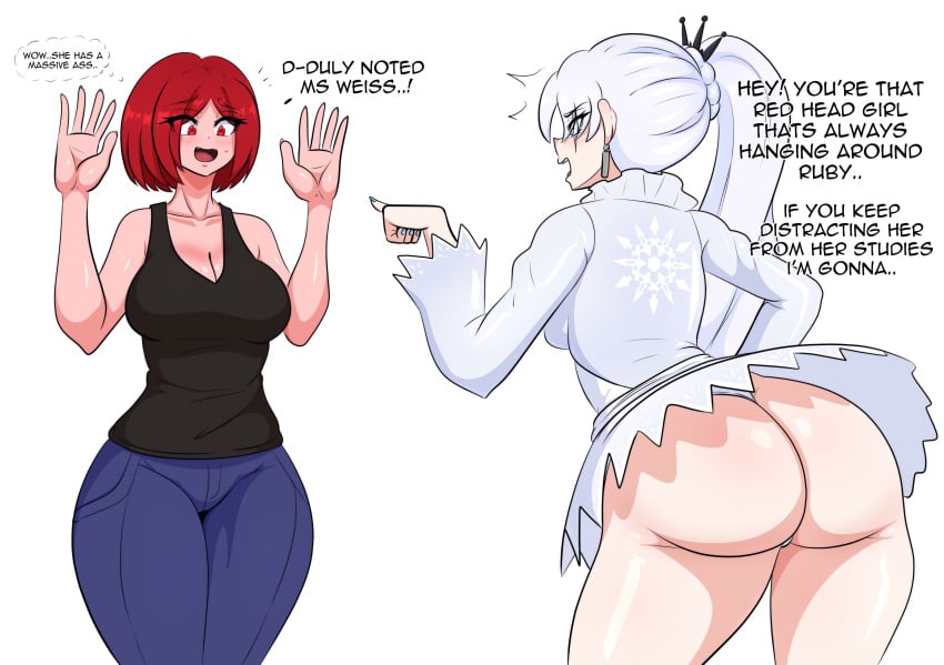 2d 2d_(artwork) 2girls arguing big_ass breasts gluteal_fold huge_ass kinathefox panties ponytail red_hair rwby skirt tagme upskirt weiss_schnee white_hair wide_hips