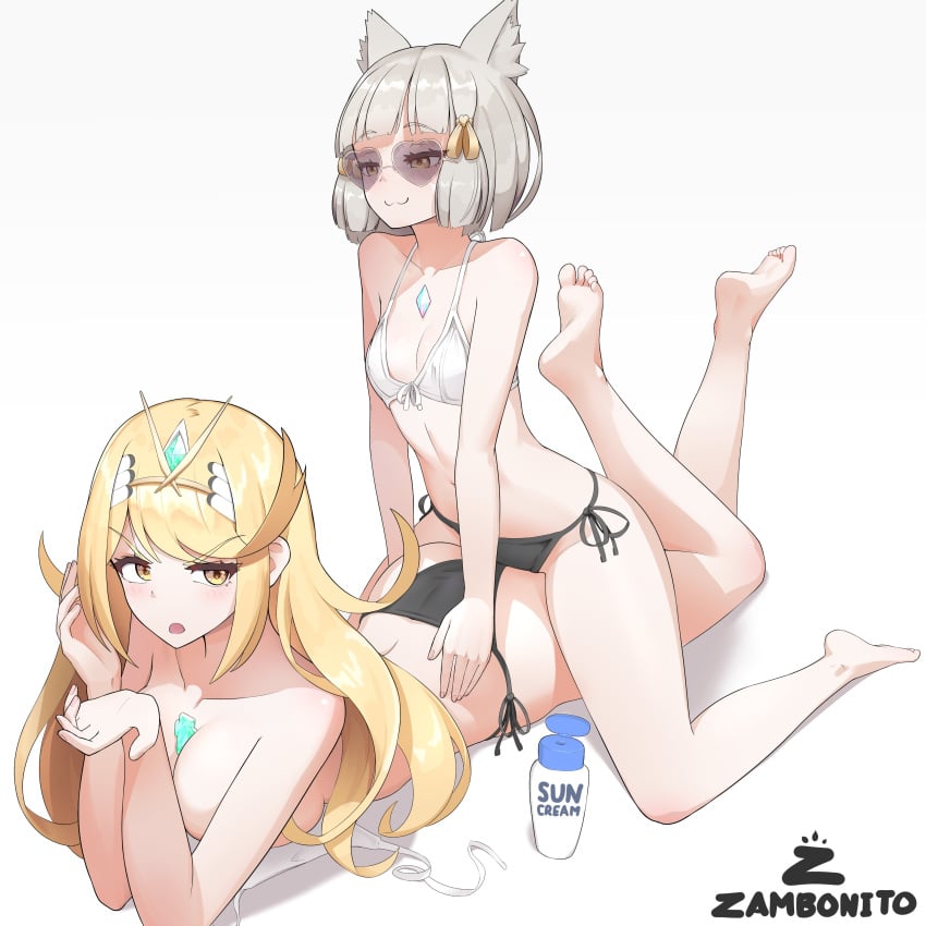 2girls :3 absurdres applying_sunscreen bikini blonde_hair breasts cat_ears chest_jewel core_crystal ear_fluff grey_hair highres large_breasts long_hair lotion mythra nia_(xenoblade) short_hair small_breasts straddling sunscreen swimsuit tiara undone_bikini xenoblade_(series) xenoblade_chronicles_2 yellow_eyes zambonito