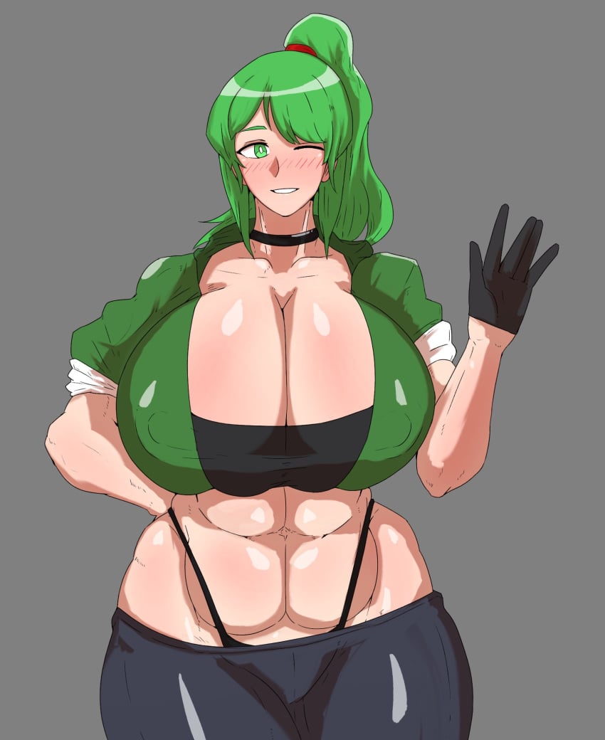 925kyohei big_ass big_breasts cleavage clothed female female_only fnf fnf_mods friday_night_funkin friday_night_funkin_mod green_hair huge_breasts mitori_(vs_human_impostor) no_bra revealing_clothes teasing vs_human_impostor vs_impostor