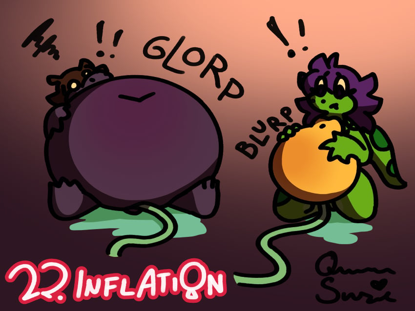 4:3 absurd_res anthro belly big_breasts breasts brown_hair deltarune dinosaur duo english_text featureless_chest female flat_chested freckled_face freckled_hips freckles green_body green_spots hair hand_on_belly hi_res hose hose_in_butt hose_inflation immobile inflation kinktober kinktober_2024 kneeling leaking liquid_inflation lizard long_hair long_tail looking_at_belly messy_hair nude onomatopoeia prehistoric_species puffed_cheeks purple_body purple_hair queen_susie red_belly reptile scalie signature sitting sitting_on_butt slightly_chubby sound_effects spots spread_legs spreading susie_(deltarune) tail text thick_thighs trixie_(queen_susie) undertale_(series) water_inflation yellow_eyes yellow_sclera yellow_underbelly