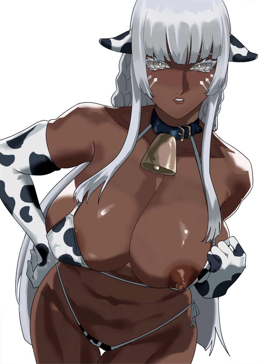 1girls areola areolae armwear atlus bell bell_collar belly big_breasts bikini brigitta_lycaon busty collar cow_bell cow_bikini cow_ears cow_print cow_print_bikini dark-skinned_female dark_skin face_markings fake_animal_ears female female_only huge_breasts large_breasts metaphor:_refantazio nipples thick_thighs thigh_gap thighs tummy white_background white_eyes white_hair