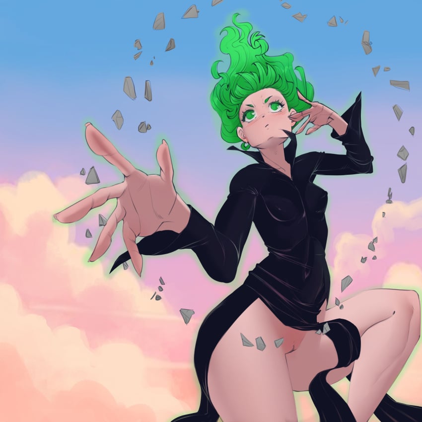 1girls atomiccreep female female_only green_eyes green_hair human leg_lift no_panties one-punch_man psychic pussy raised_leg shortstack solo tatsumaki tight_clothing