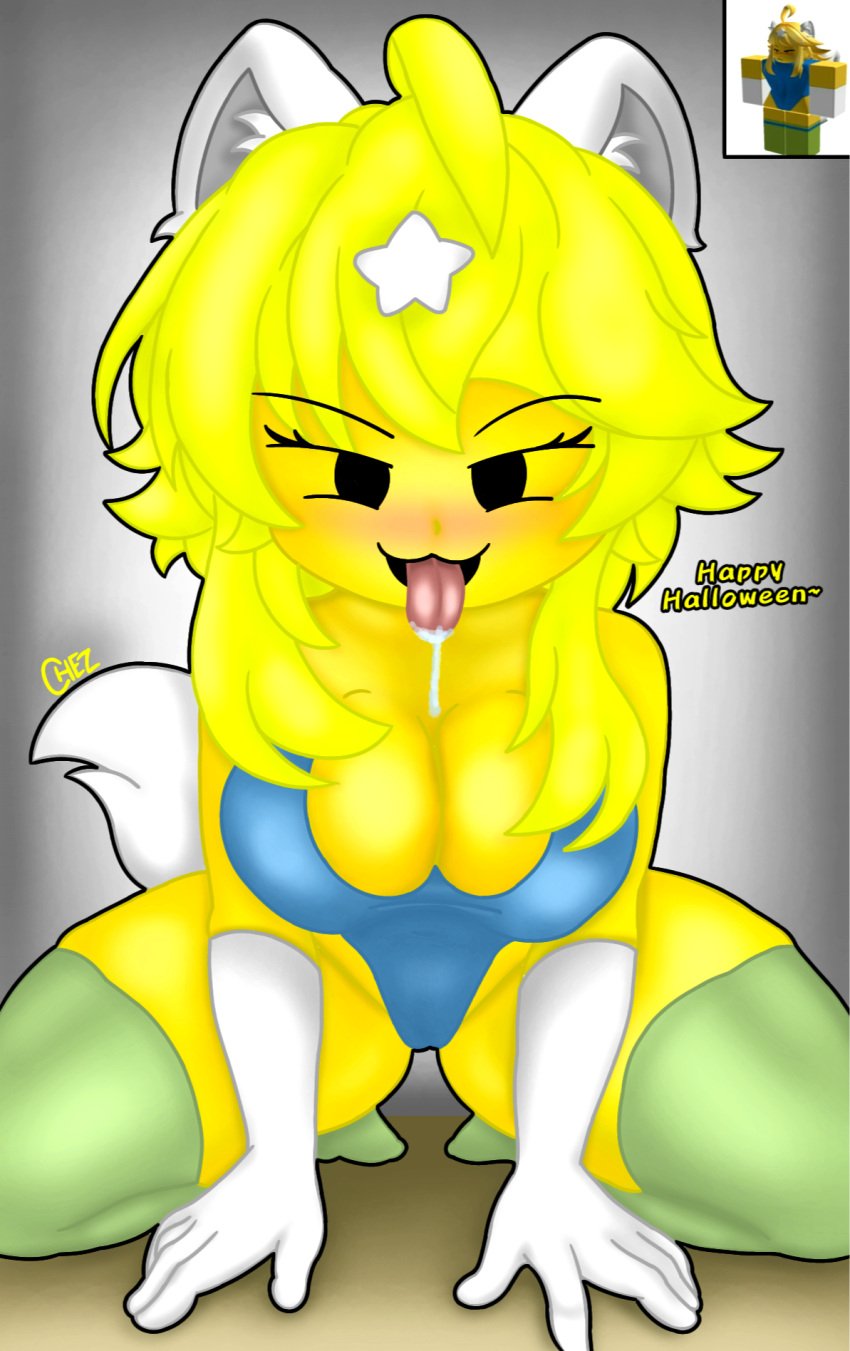 1girl 1girls blue_bodysuit blush_lines carla carla_roblox chez-arts drooling female female_only green_stockings horny intimidating kneeling large_breasts noob roblox roblox_avatar saliva short_hair thick_thighs tight_fit tongue_out white_ears white_gloves white_tail yellow_body yellow_hair