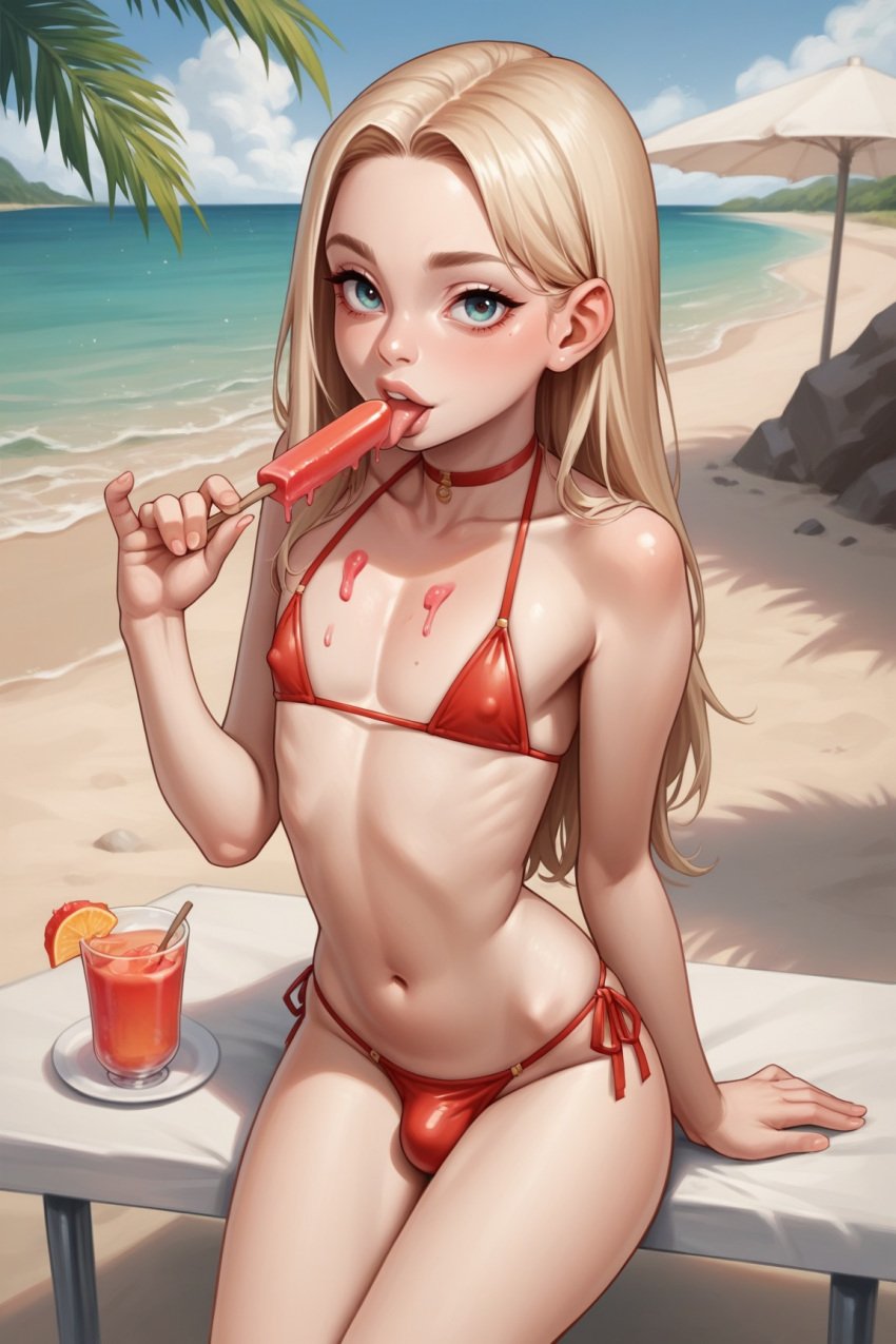 1boy ai_generated beach bikini blonde_hair blonde_hair blue_eyes bulge bulge_through_clothing choker dripping_ice_cream femboy feminine_male ice_cream licking licking_ice_cream long_hair looking_at_viewer makeup ocean popsicle portrait sand sitting solo solo_femboy solo_focus stable_diffusion swimwear tongue tongue_out waves