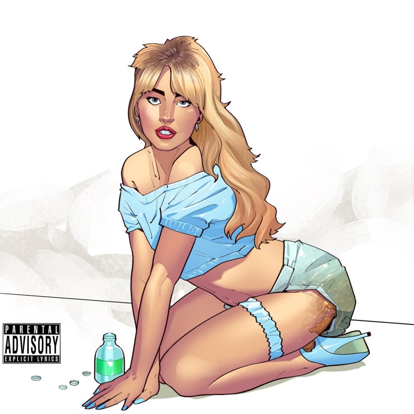 album_cover bottle diaper diaper_fetish looking_at_viewer parental_advisory_sticker sabrina_carpenter scat shitting_self soiling soiling_diaper