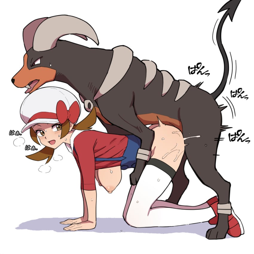 1boy 1girls all_fours breasts breasts_out brown_eyes brown_hair cabbie_hat clothed_sex commission doggy_style female from_side generation_2_pokemon hat hentamonn highres houndoom interspecies looking_at_viewer low_twintails lyra_(pokemon) male_pokemon/female_human medium_breasts nintendo nipples open_mouth overalls partially_clothed pixiv_commission pokemon pokemon_(creature) pokemon_(species) pokemon_hgss pokephilia red_footwear red_shirt sex sex_from_behind shirt shoes simple_background thighhighs twintails white_background white_hat white_thighhighs zoophilia