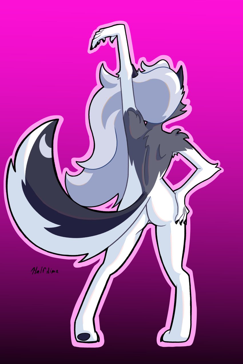 2:3 absurd_res anthro arm_tuft armpit_tuft ass black_nails canid canid_demon canine canis cheek_tuft colored_nails countershade_fur countershading demon domestic_dog elbow_tuft facial_tuft female fur genitals gradient_background grey_body grey_fur grey_hair hair half_dime hand_on_hip hellhound helluva_boss hi_res husky long_hair loona_(helluva_boss) mammal mythological_canine mythological_creature mythology nails nordic_sled_dog nude nude_female outline pawpads pussy raised_arm rear_view shoulder_tuft simple_background solo spitz tail tuft white_body white_fur wolf