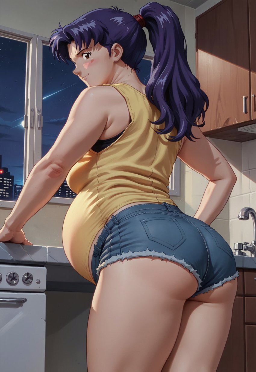 ai_generated big_belly big_butt jean_shorts misato_katsuragi neon_genesis_evangelion pregnancy pregnant pregnant_belly purple_hair ready_to_pop yellow_tank_top