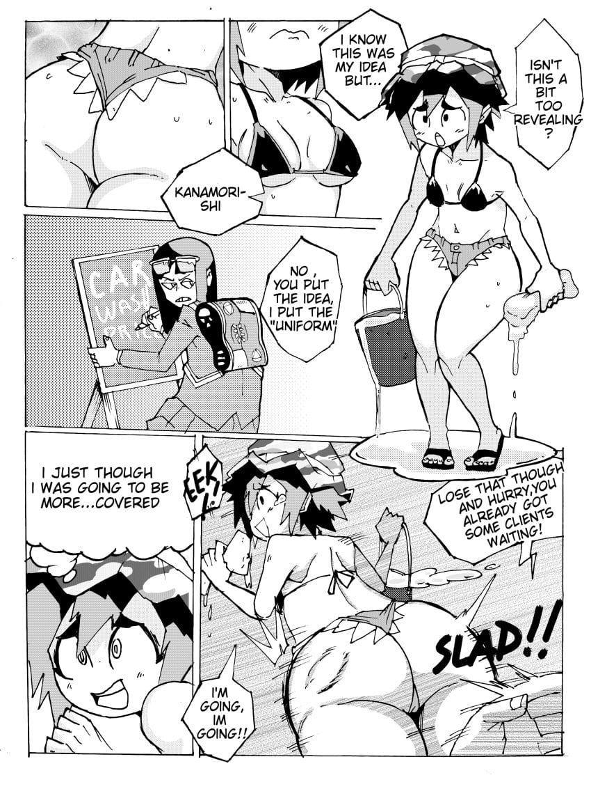 2girls ass ass_focus ass_slap becku breasts bucket car_wash comic comic_page hat hi_res keep_your_hands_off_eizouken midori_asakusa navel sayaka_kanamori shorts small_breasts speech_bubble sponge string_bikini string_bikini_top