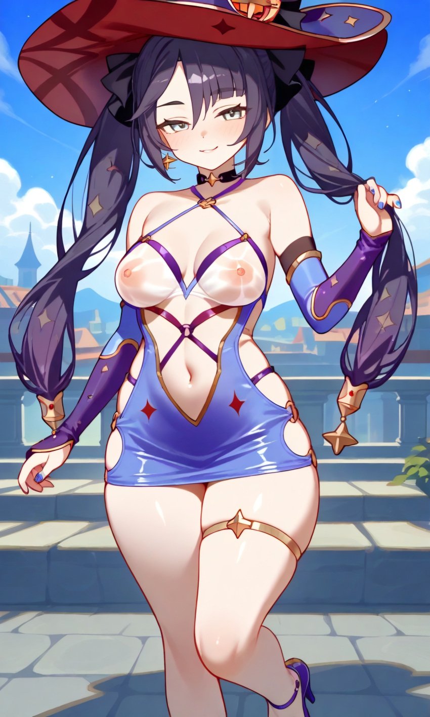 1girls ai_generated breasts breasts_out covered_nipples dress genshin_impact gloves green_eyes high_heels medium_breasts mona_(genshin_impact) nipples nipples_visible_through_clothing outcyli731 outdoors purple_hair revealing_clothes see-through slutty_dress smile solo stable_diffusion thigh_strap