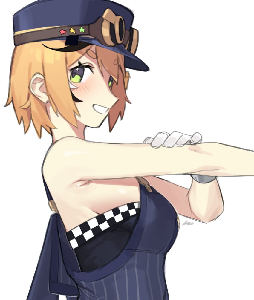 black_highlights blonde_hair bra checkered_shirt conductor_hat conductor_uniform dasdokter dooby3d gloves goggles green_eyes indie_virtual_youtuber jerboa jerboa_humanoid looking_at_viewer looking_back sideboob virtual_youtuber