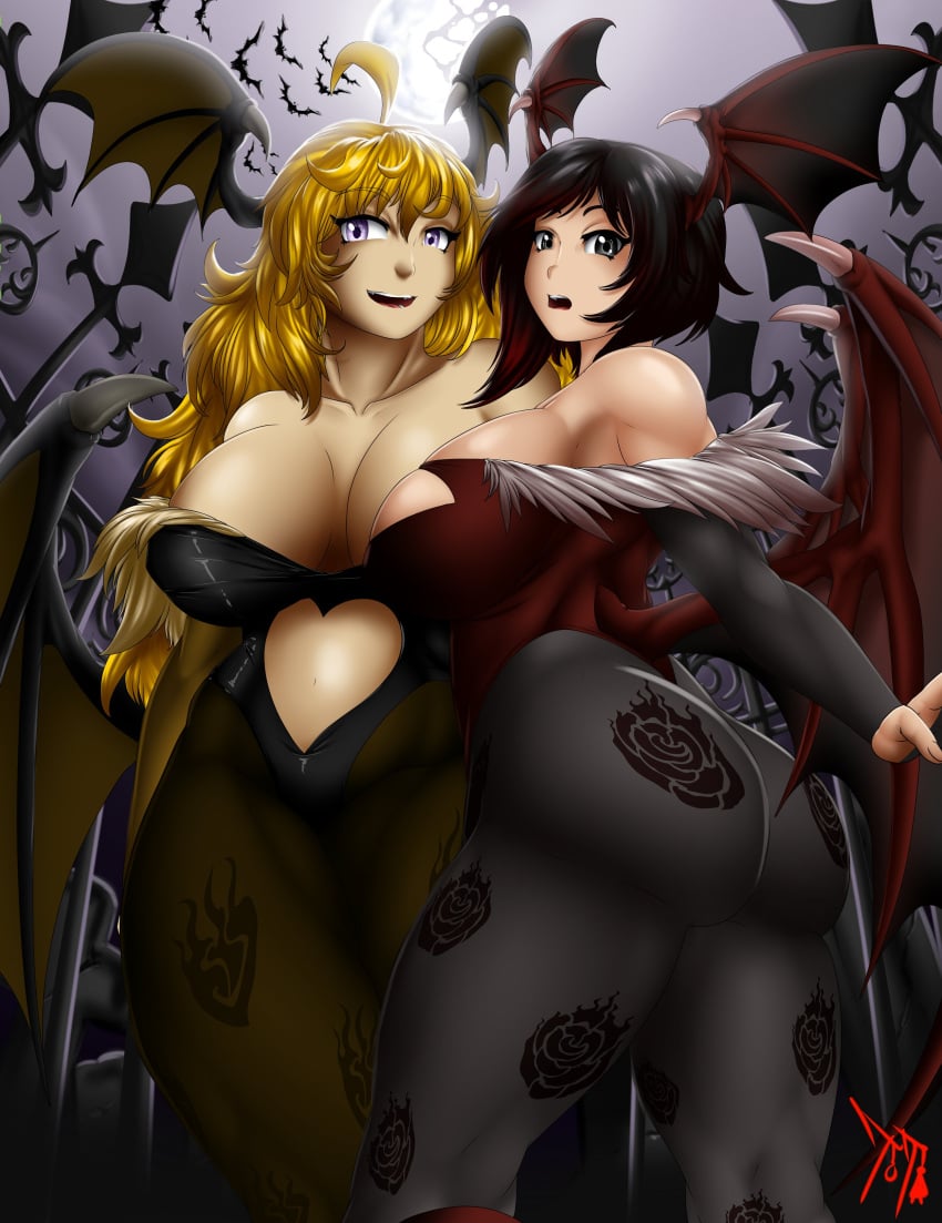 2019 2girls alternate_version_available ass big_ass big_breasts black_hair blonde_hair breasts cosplay darkstalkers female female_only halloween huge_ass huge_breasts large_ass large_breasts lilith_aensland_(cosplay) morrigan_aensland_(cosplay) multicolored_hair multiple_girls purple_eyes red_hair ruby_rose rwby silver_eyes sisters suicidetoto yang_xiao_long