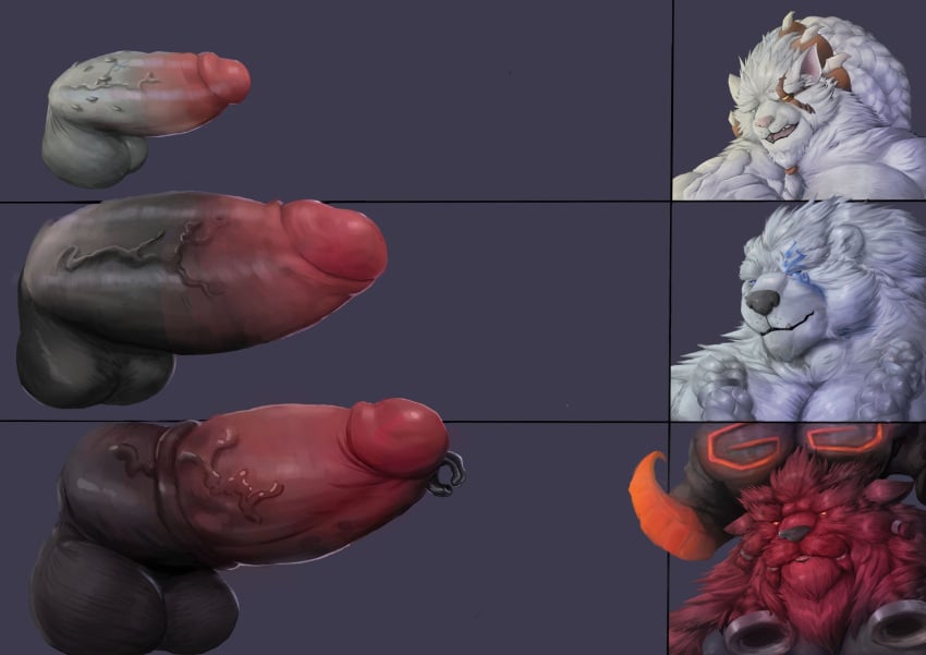 anthro balls beard big_penis bovid caprine demigod dick_chart digital_media_(artwork) erection facial_hair felid fur genitals group hi_res horn humanoid league_of_legends male mammal muscular muscular_anthro muscular_male ornn_(lol) pantherine penis penis_size_chart rengar_(lol) riot_games tencent trio video_games volibear_(lol) whit3salmon_23