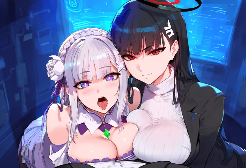 2girls absurd_res absurdres ai_generated blue_archive blush color darklust emilia_(re:zero) female hi_res high_resolution highres human large_breasts novelai re:zero_kara_hajimeru_isekai_seikatsu rio_(blue_archive) seductive seductive_look seductive_smile self_upload sweat tagme