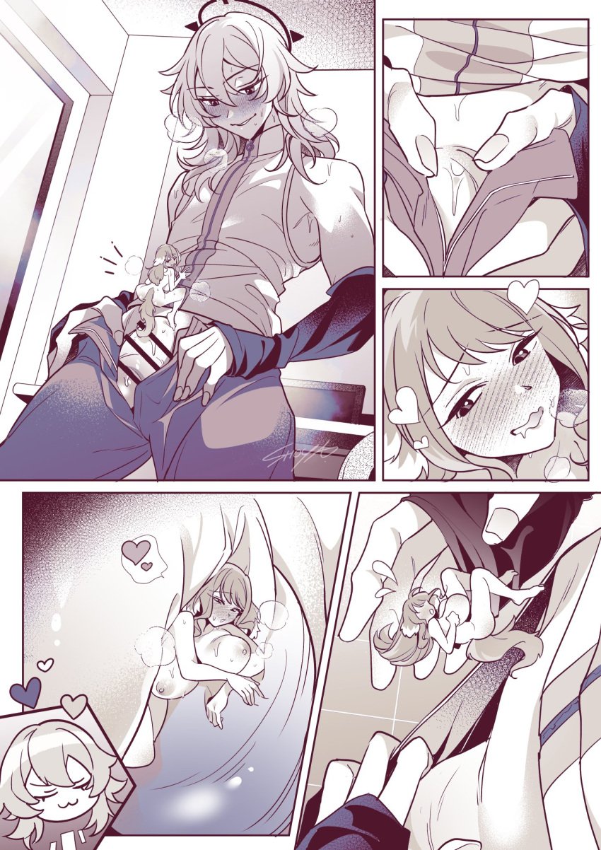 1boy 1girls ass blush clothing_entrapment comic commission dog_ears dog_girl dog_tail giant_femboy gloves halo heart_symbol huge_breasts leo_(ban_hammer) long_hair male_focus micro minigirl minigirl_on_penis nude_female_clothed_male open_pants original penis shoya_222 shrunken_woman skeb_commission sleeveless_shirt sweat sweating_profusely testicles third-party_source