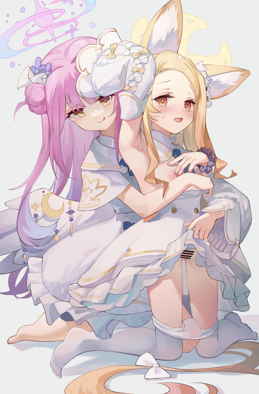 2girls :p absurdres angel_wings animal_ears armpits bar_censor barefoot black_scrunchie blonde_hair blue_archive blush bow capelet censored censored_clitoris clothes_lift cross_halo dress dress_lift feathered_wings feet female flat_chest forehead fox_ears gradient_eyes gradient_halo hair_bun hairbow halo hand_on_another&#039;s_chest highres long_hair low_wings mika_(blue_archive) multicolored_eyes multicolored_halo multiple_girls nipples pantyhose pink_hair pink_halo pussy pussy_juice samele_otaku scrunchie seia_(blue_archive) simple_background sleeve_bow sweat tongue tongue_out white_background white_bow white_capelet white_pantyhose white_wings wing_ornament wings wrist_scrunchie yellow_halo young yuri