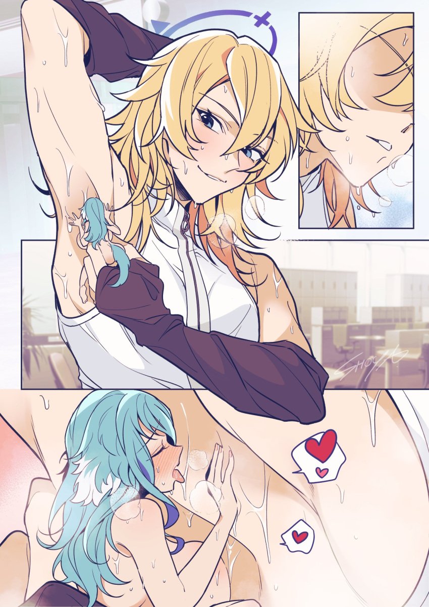 1boy 1girls armpits ass blonde_hair blue_eyes blush comic commission dog_ears dog_girl dog_tail gloves halo heart_symbol huge_breasts licking_armpit long_hair male_focus micro minigirl nude_female_clothed_male original shoya_222 shrunken_woman skeb_commission sleeveless_shirt sweat sweating_profusely third-party_source