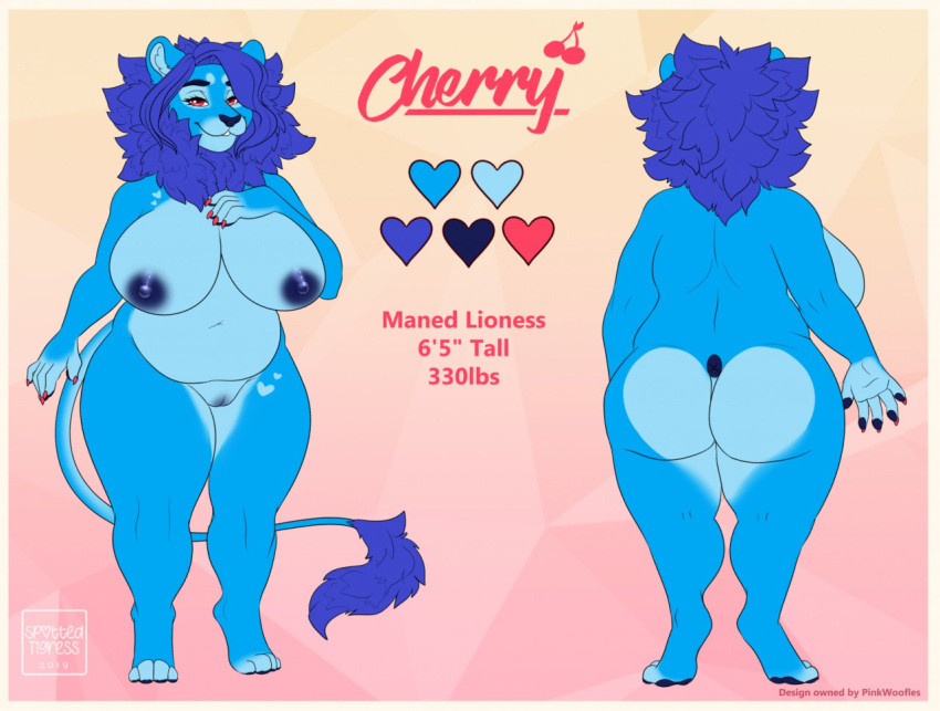 2019 anthro ass big_breasts big_butt blue_body blue_fur blue_hair blue_mane blue_nipples breasts cherry_(pinkwoofles) dated english_text eyelashes felid female front_view fur genitals hair huge_breasts humanoid_genitalia humanoid_pussy lion looking_at_viewer mammal mane model_sheet navel nipples nude overweight overweight_anthro overweight_female pantherine pussy rear_view red_eyes signature smile solo standing tail tail_tuft text tiggybloom tuft