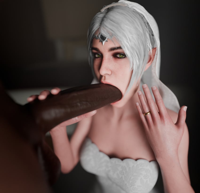 3d baldur&#039;s_gate baldur&#039;s_gate_3 big_penis blowjob clothed_female_nude_male couple dark-skinned_male dark_skin derpderp fellatio green_eyes interracial looking_at_viewer married_couple penis_in_mouth shadowheart sucking_penis wedding_dress wedding_ring wedding_veil white_hair