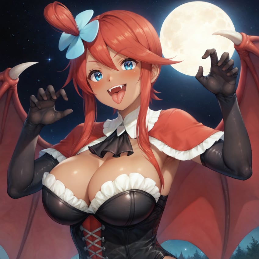 1girls :d ai_generated aimoonshine armpits ascot bat_wings black_corset black_gloves black_leotard blue_eyes blush breasts capelet claw_pose cleavage corset dark-skinned_female dark_skin demon_wings elbow_gloves fangs female female_only frills full_moon game_freak gloves gym_leader hair_between_eyes hair_ornament halloween halloween_2024 halloween_costume hands_up happy huge_moon large_breasts leotard long_hair looking_at_viewer moon night night_sky nintendo one_side_up open_mouth outdoors pokemon pokemon_bw pokemon_trainer red_capelet red_hair short_hair_with_long_locks sidelocks sky skyla_(pokemon) smile solo star_(sky) starry_sky strapless_leotard teeth tongue tongue_out upper_body upper_teeth_only vampire vampire_costume vampire_girl wings