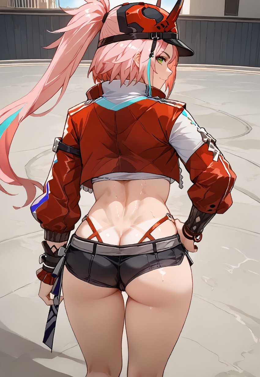 1girls ai_generated ass_crack black_shorts butt_crack crop_top cropped_jacket green_eyes hands_on_hips honkai:_star_rail looking_at_viewer micro_shorts pink_hair rappa_(honkai:_star_rail) red_hat short_shorts shorts smile sweat tanline underbutt