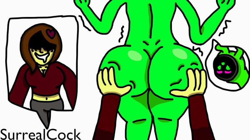 16:9 1boy 1femboy alien alien/human alien_boy alien_humanoid amateur_artist ass_focus ass_grab ass_squeeze brown_hair female green_eyes green_skin heart interspecies kun_(surrealcock) nude_male_clothed_female pov questionable_consent red_clothing shadowed_eyes surrealcock trace_(surrealcock)